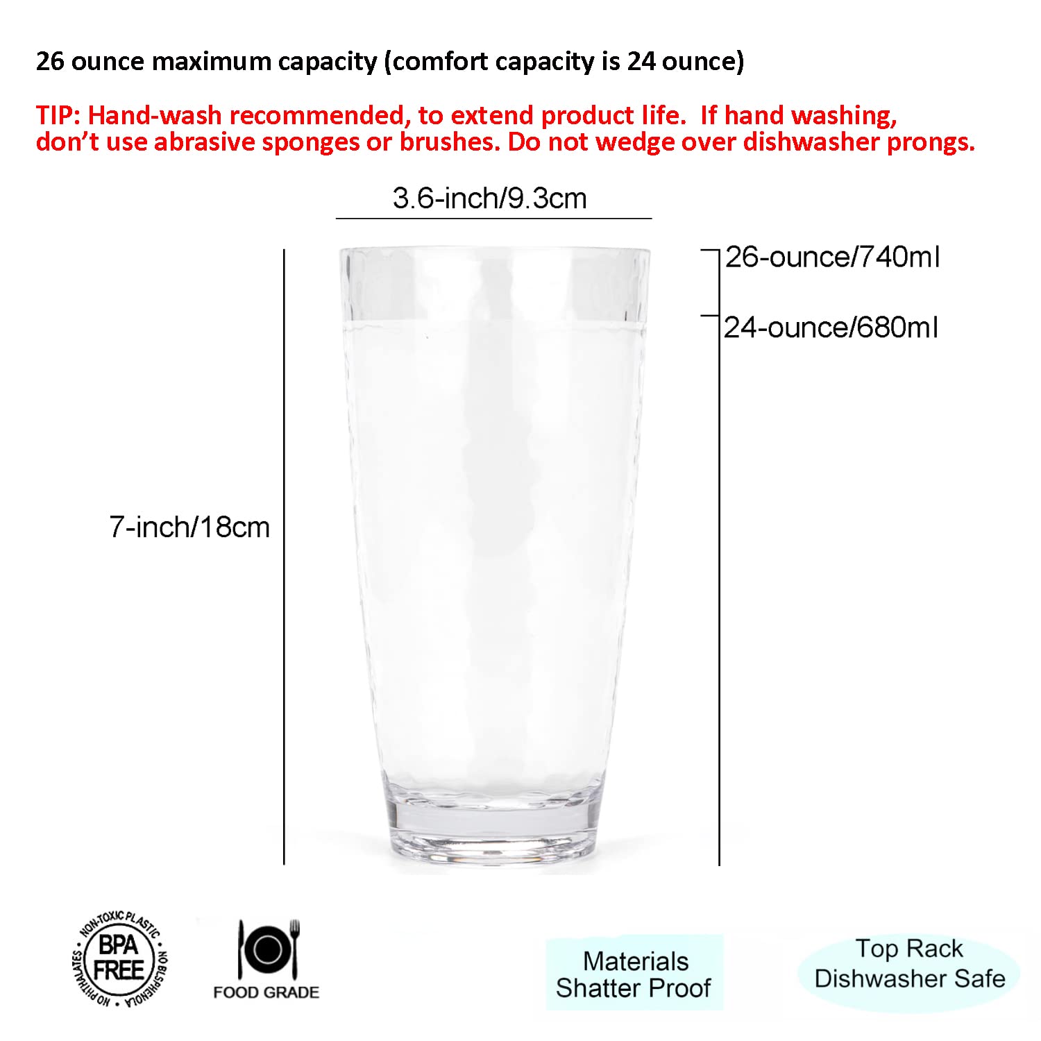 Hammered 15-ounce and 26-ounce Plastic Tumbler Acrylic Glasses, set of 8 Clear