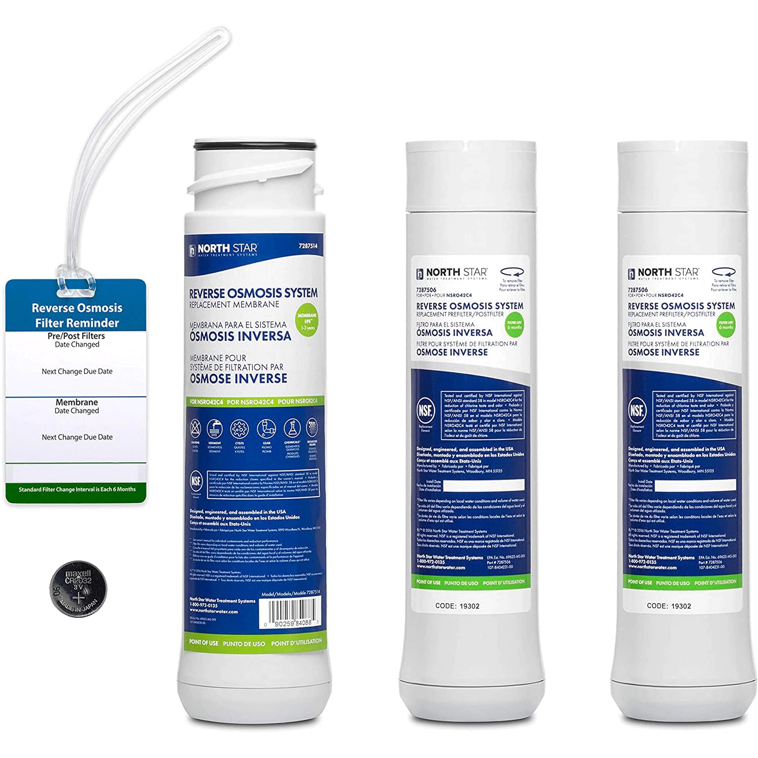 Northstar Reverse Osmosis Filter Set - Membrane (7287514) and Pre and Post Filter Set (7287506) with Battery and Filter Change Reminder Tag