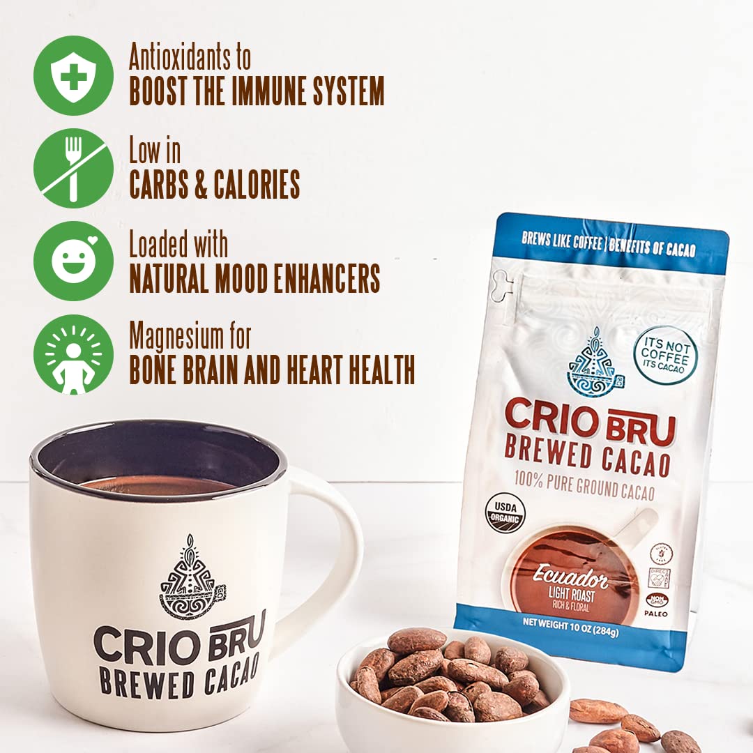 Crio Bru Brewed Cacao Double Chocolate Light Roast - Coffee Alternative Natural Healthy Drink | 100% Pure Ground Cacao Beans | 99.99% Caffeine Free, Keto, Low Carb, Paleo, Non-GMO (10 Ounce (Pack of 1))