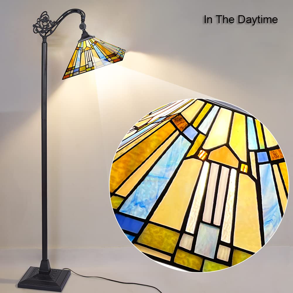 Capulina Tiffany Floor Lamp H62 Tall Antique Mission Style Stained Glass Soft Light Arched Gooseneck Adjustable Angle Reading Lamp for Living Room Bedroom