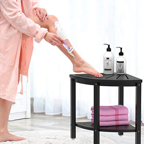 Bamboo Corner Shower Stool Bench Waterproof - with Storage Shelf for Shaving Legs or Seat in Bathroom & Inside Shower