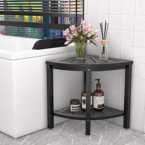 Bamboo Corner Shower Stool Bench Waterproof - with Storage Shelf for Shaving Legs or Seat in Bathroom & Inside Shower