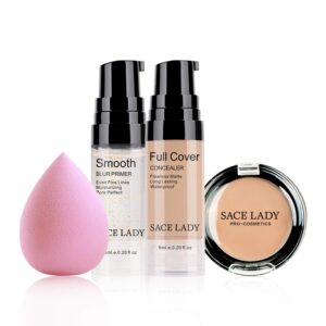 waterproof full coverage concealer makeup kit with primer sponge - matte liquid foundation for face, eye, and acne scar cover