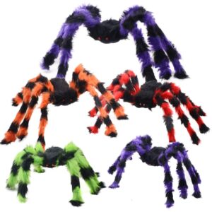 beiguo 5pcs halloween spider giant spider with red eyes colorful hairy scary halloween spider decorations for indoor,outdoor(1pcs 30",2pcs 20",2pcs 12")