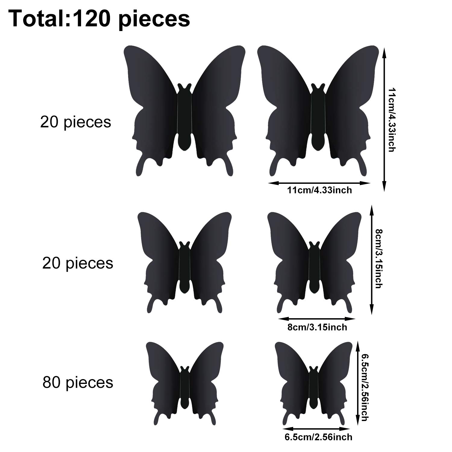 120 Pieces 3D Butterfly Wall Stickers 3 Sizes Removable Butterfly Mural Decals for Baby Kids Room Wedding Home Fridge DIY Art Decor (Black)