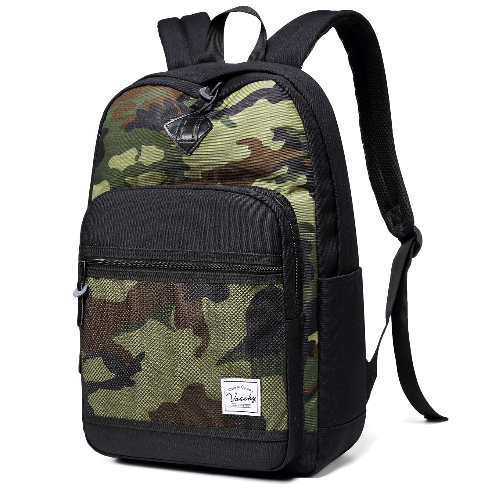 VASCHY School Backpack, Water Resistant Lightweight Casual Backpack for Men Women with Padded Laptop Sleeve Black & Camo