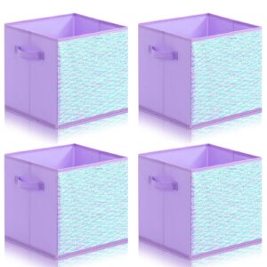 eluchang foldable sequin storage basket bin closet cubes kids toys organizer boxes, collapsible fabric cubby storage bins for girls,organizing,babies,nursery,shelves 11x11x11 (purple,4pcs)