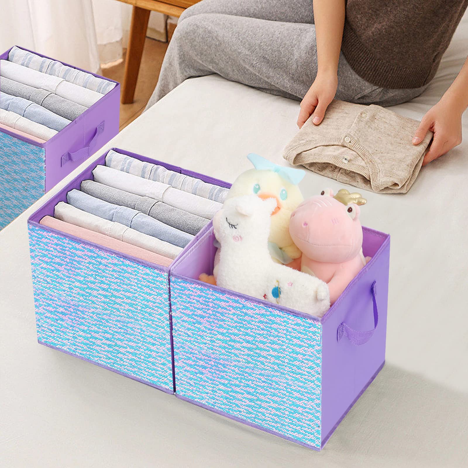 ELUCHANG Foldable Sequin Storage Basket Bin Closet Cubes Kids Toys Organizer Boxes, Collapsible Fabric Cubby Storage Bins for Girls,Organizing,Babies,Nursery,Shelves 11x11x11 (Purple,4PCS)