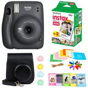 fujifilm instax mini 11 instant camera + instax mini twin pack film + hanging frames + plastic frames + case + close up filters - all inclusive bundle! (charcoal grey)