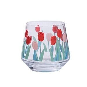 daveinmic 12oz wine glass cup,tulip flowers decal stemless wine glass for hot coffee or cold drinks-iced latte, whiskey, juice(b)