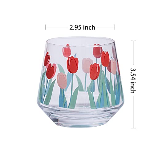 Daveinmic 12oz Wine Glass cup,Tulip Flowers Decal Stemless Wine Glass for Hot Coffee or Cold Drinks-Iced Latte, Whiskey, Juice(B)