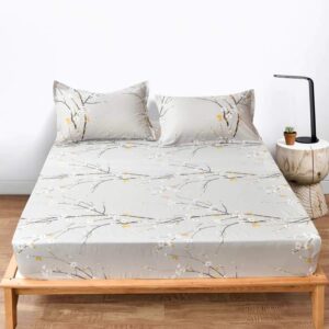 nanko queen fitted bed sheet 80x60 deep pocket mattress tan gray plum blossom floral cool soft lightweight microfiber bedding set 2 pillowcases 10 11 12 14 inch grey flower