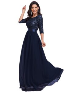 ever-pretty women's elegant a line crew neck half sleeve sequin maxi evening dress navy blue us10