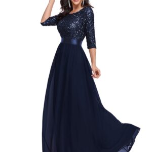 Ever-Pretty Women's Elegant A Line Crew Neck Half Sleeve Sequin Maxi Evening Dress Navy Blue US10