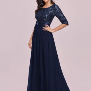 Ever-Pretty Women's Elegant A Line Crew Neck Half Sleeve Sequin Maxi Evening Dress Navy Blue US10