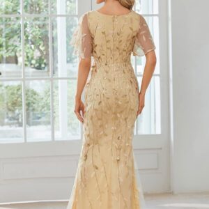 Ever-Pretty Women's Bridesmaid Dress V Neck Short Sleeve Sparkly Embroidery Formal Dress Gold US4