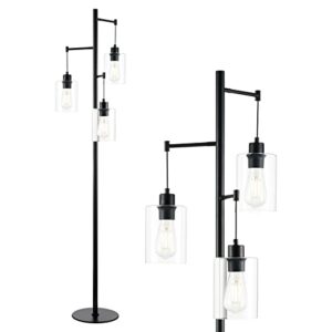 vonluce black floor lamp modern with 3 lights, farmhouse floor lamp for living room in rustic style, rustic standing lamp for bedroom office w/glass lamp shades