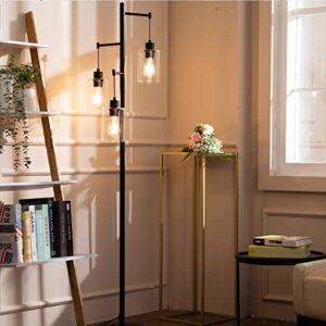 VONLUCE Black Floor Lamp Modern with 3 Lights, Farmhouse Floor Lamp for Living Room in Rustic Style, Rustic Standing Lamp for Bedroom Office w/Glass Lamp Shades
