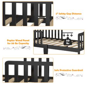 HONEY JOY Toddler Bed Frame, Solid Rubber Wood Frame w/Safety Guardrail, Fits Crib Full Size Mattress (Not Included), Children Classic Sleeping Bedroom Furniture for Kids Boys Girls (Black)