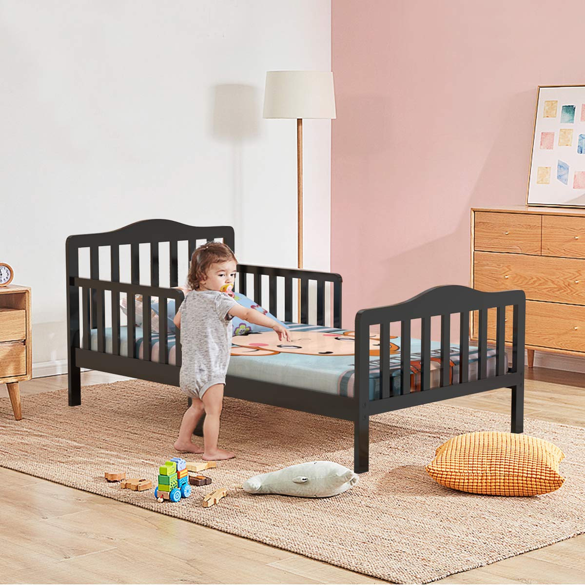 HONEY JOY Toddler Bed Frame, Solid Rubber Wood Frame w/Safety Guardrail, Fits Crib Full Size Mattress (Not Included), Children Classic Sleeping Bedroom Furniture for Kids Boys Girls (Black)