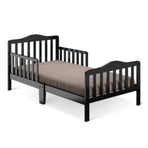 HONEY JOY Toddler Bed Frame, Solid Rubber Wood Frame w/Safety Guardrail, Fits Crib Full Size Mattress (Not Included), Children Classic Sleeping Bedroom Furniture for Kids Boys Girls (Black)