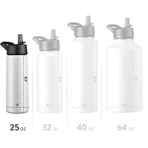 FineDine Triple Walled, Insulated Water Bottles with Straw - 25 Oz Stainless Steel Metal Bottle W/ 3 Leak Proof Lids - For Travel, School, Sports, Gym/Men, Women & Kids - Pure Pearly White