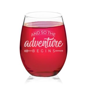 veracco and so the adventure begins stemless wine glass funny birthdaygift for someone who loves drinking bachelor party favors (clear, glass)