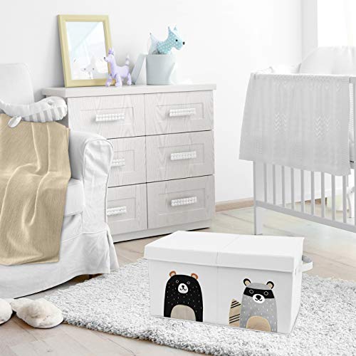 Sweet Jojo Designs Woodland Bear Racoon Boy or Girl Small Fabric Toy Bin Storage Box Chest For Baby Nursery or Kids Room - Neutral Beige, Green, Black and Grey Forest Pals