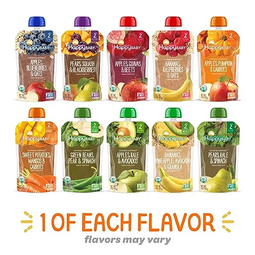 Happy Baby Organics Stage 2 Baby Food Pouches, Gluten Free, Vegan & Healthy Snack, Clearly Crafted Fruit & Veggie Puree, Fruit & Veggie Variety Pack, 4 Ounces (Pack of 10)