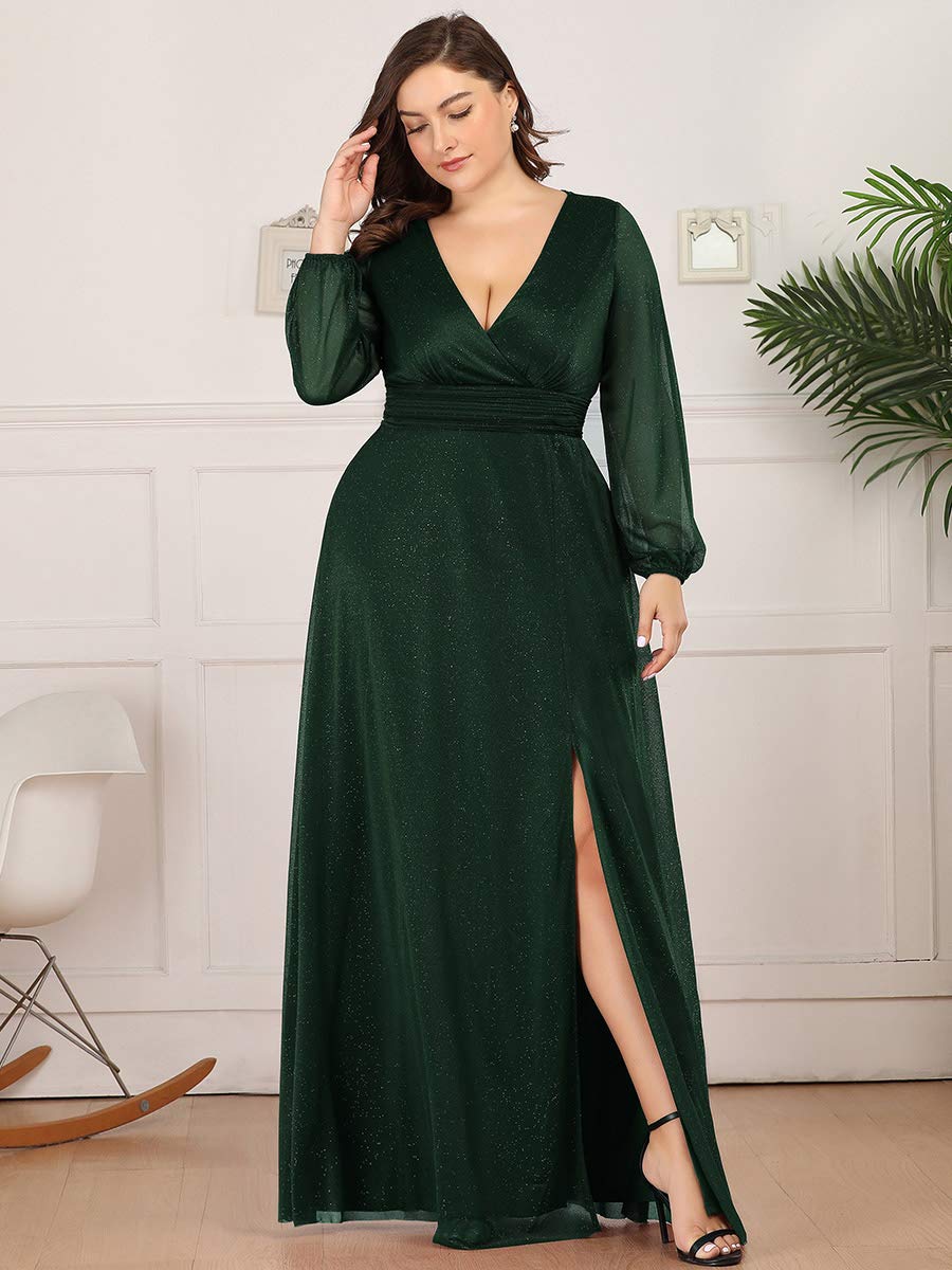 Ever-Pretty Women's Glitter A Line High Slit V-Neck Plus Size Formal Gowns and Evening Dresses Dark Green US18