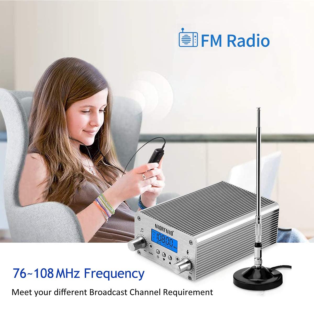 NIORFNIO 15W Fm Transmitter - Bluetooth Wireless Stereo Broadcasting Range 87-108mhz Transmitter, Used in Churches, Cars, Shopping Malls, Lecture Halls, Private Radio Stations