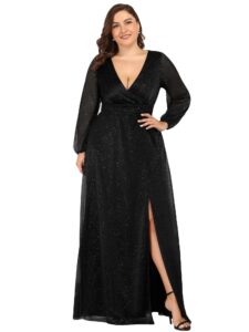 ever-pretty women's leg slit v-neck sparkle plus size evening party dress with sleeves black us14