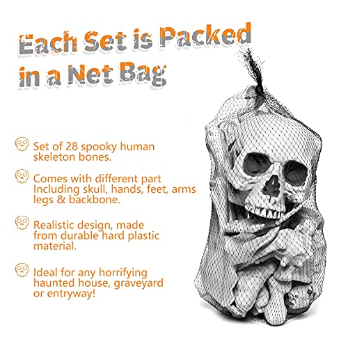 Gonioa Bag of Skeleton Bones and Skull for Best Halloween Decoration and Spooky Graveyard Scene, Outdoor Halloween Prop Creepy Haunted Decorations – 28 Pcs Set