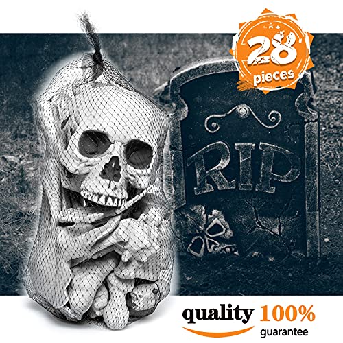 Gonioa Bag of Skeleton Bones and Skull for Best Halloween Decoration and Spooky Graveyard Scene, Outdoor Halloween Prop Creepy Haunted Decorations – 28 Pcs Set