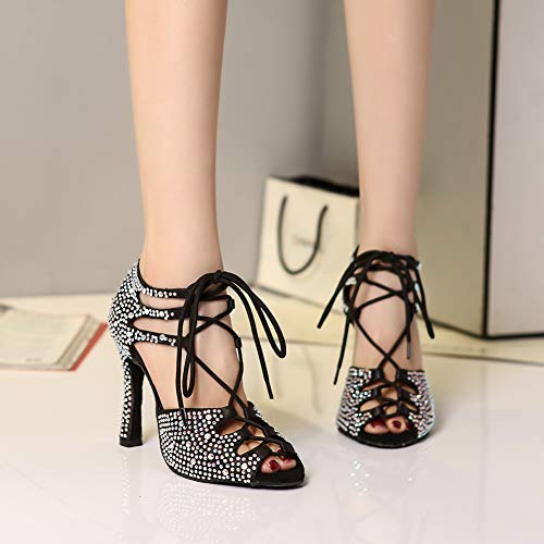 HROYL Women Latin Dance Shoes with Rhinestones Ballroom Performence Wedding Party Dance Heels,YCL425-Black-9,US9.5