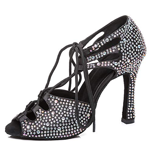 HROYL Women Latin Dance Shoes with Rhinestones Ballroom Performence Wedding Party Dance Heels,YCL425-Black-9,US9.5