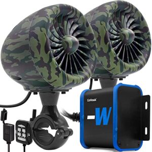 gohawk tj4-w camo green waterproof amplifier 4" full range bluetooth motorcycle stereo speakers 1 to 1.25 in. handlebar mount audio amp system harley touring cruiser atv 4-wheeler, usb, aux, fm radio