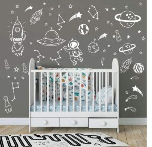 wall decor for boys room art outer space star rockets planets stickers removable space wall decal for children bedroom decoration (white)