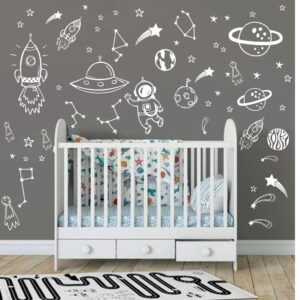 Wall Decor for Boys Room Art Outer Space Star Rockets Planets Stickers Removable Space Wall Decal for Children Bedroom Decoration (White)