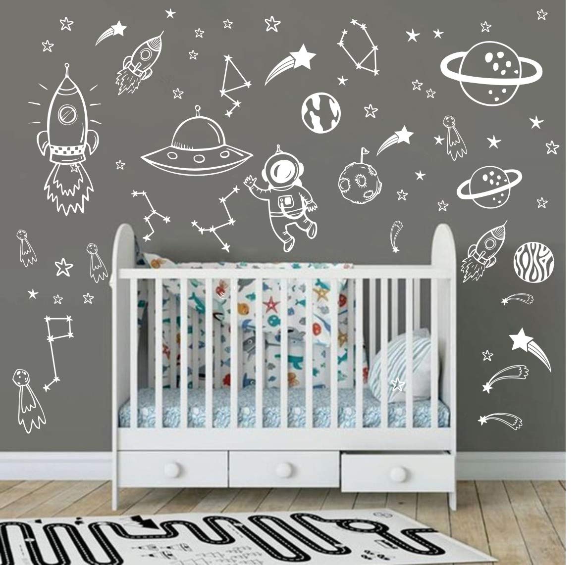 Wall Decor for Boys Room Art Outer Space Star Rockets Planets Stickers Removable Space Wall Decal for Children Bedroom Decoration (White)