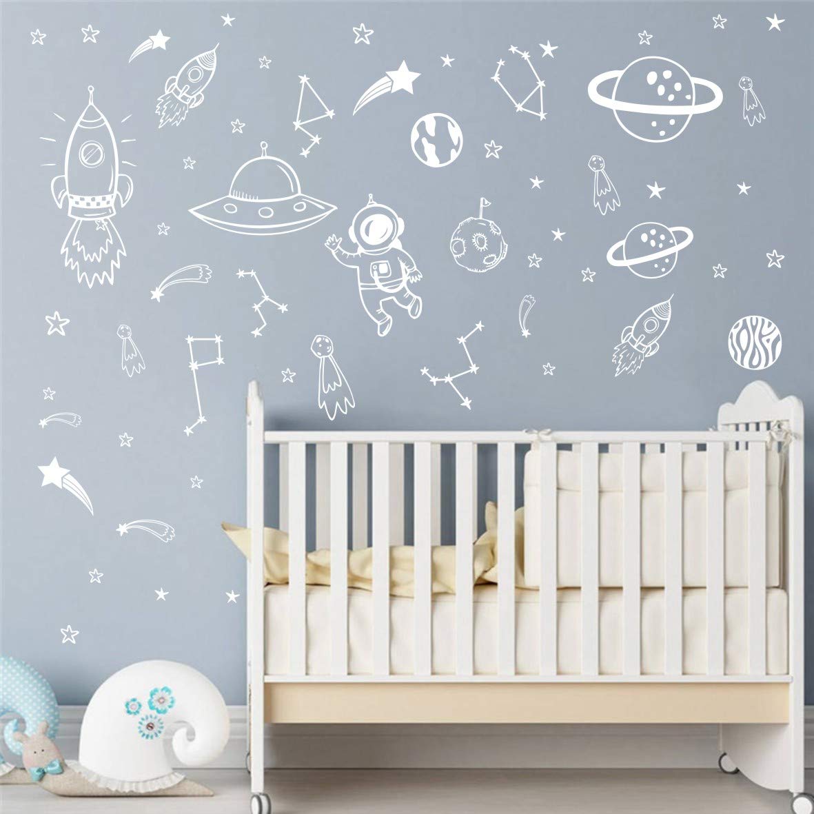 Wall Decor for Boys Room Art Outer Space Star Rockets Planets Stickers Removable Space Wall Decal for Children Bedroom Decoration (White)