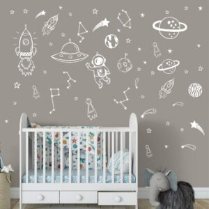 Wall Decor for Boys Room Art Outer Space Star Rockets Planets Stickers Removable Space Wall Decal for Children Bedroom Decoration (White)