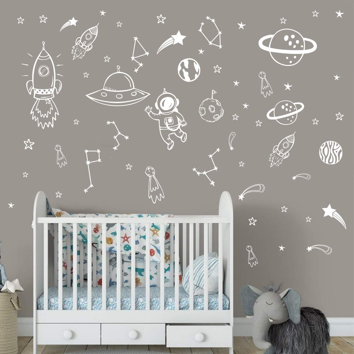 Wall Decor for Boys Room Art Outer Space Star Rockets Planets Stickers Removable Space Wall Decal for Children Bedroom Decoration (White)