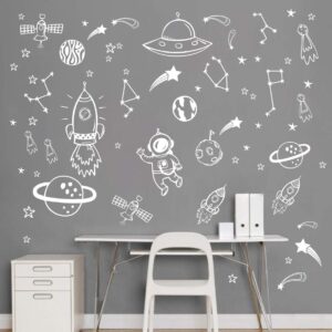 Wall Decor for Boys Room Art Outer Space Star Rockets Planets Stickers Removable Space Wall Decal for Children Bedroom Decoration (White)