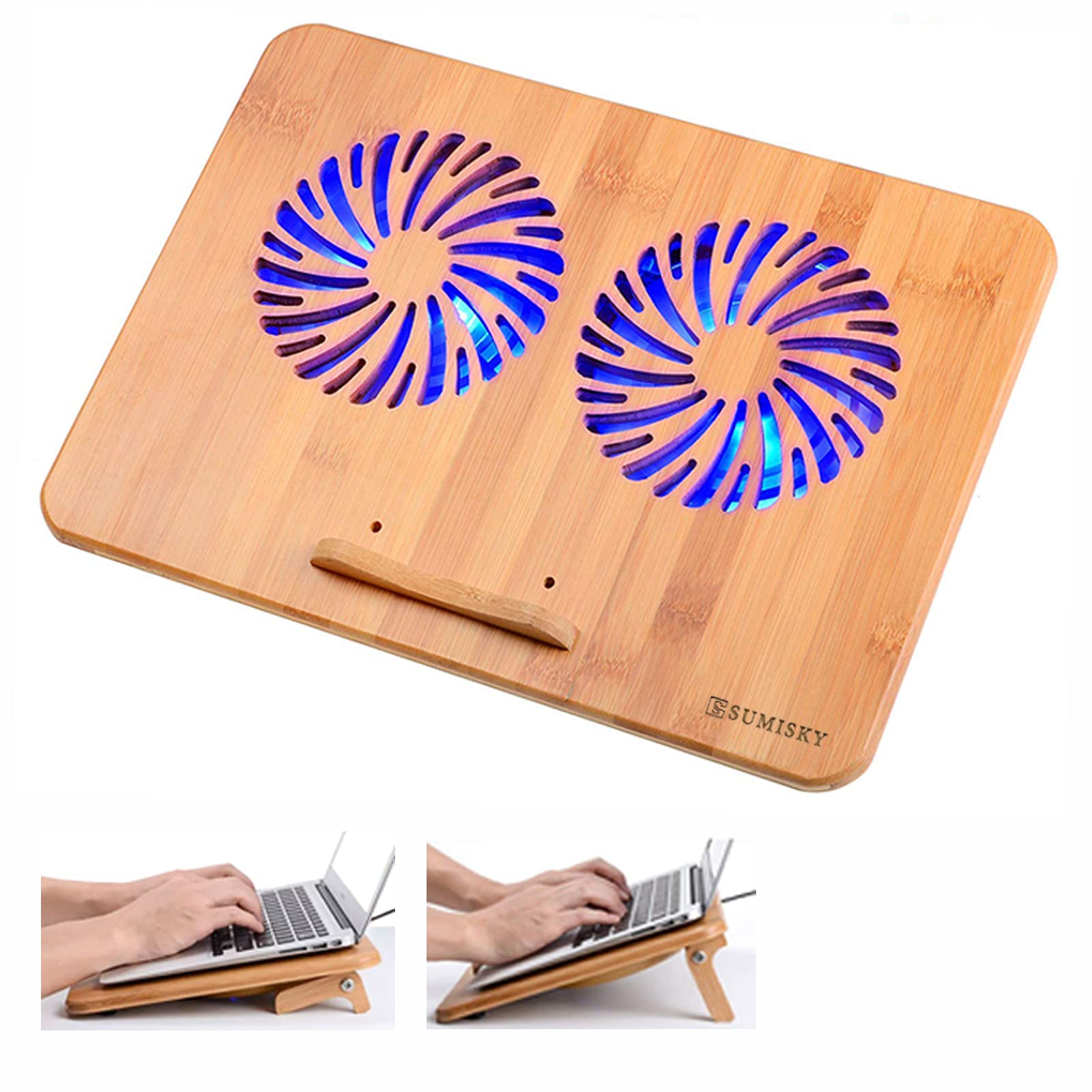 SUMISKY Laptop Stand Cooling Pad 100% Bamboo Adjustable Laptop Desk with 2 Quiet Cooling Fans Blue Light and 2 USB Ports Ergonomic Cooler Pad for 13-16 inches Laptop (15"x11")