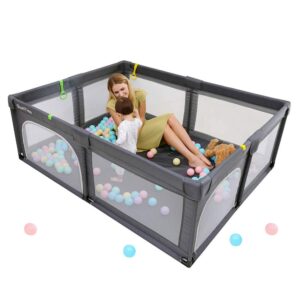 baby playpen, playpens for babies, extra large playyard for toddler, reliable kids activity center, sturdy safety playpen with anti-slip suckers and super soft breathable mesh (dark gray, large)