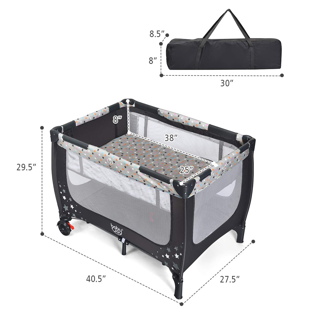 HONEY JOY Pack and Play, Foldable Baby Playard with Bassinet, Lightweight Installation-Free Travel Baby Crib from Newborn to Toddlers, Portable Nursery Center w/Lockable Wheels & Carry Bag(Gray)