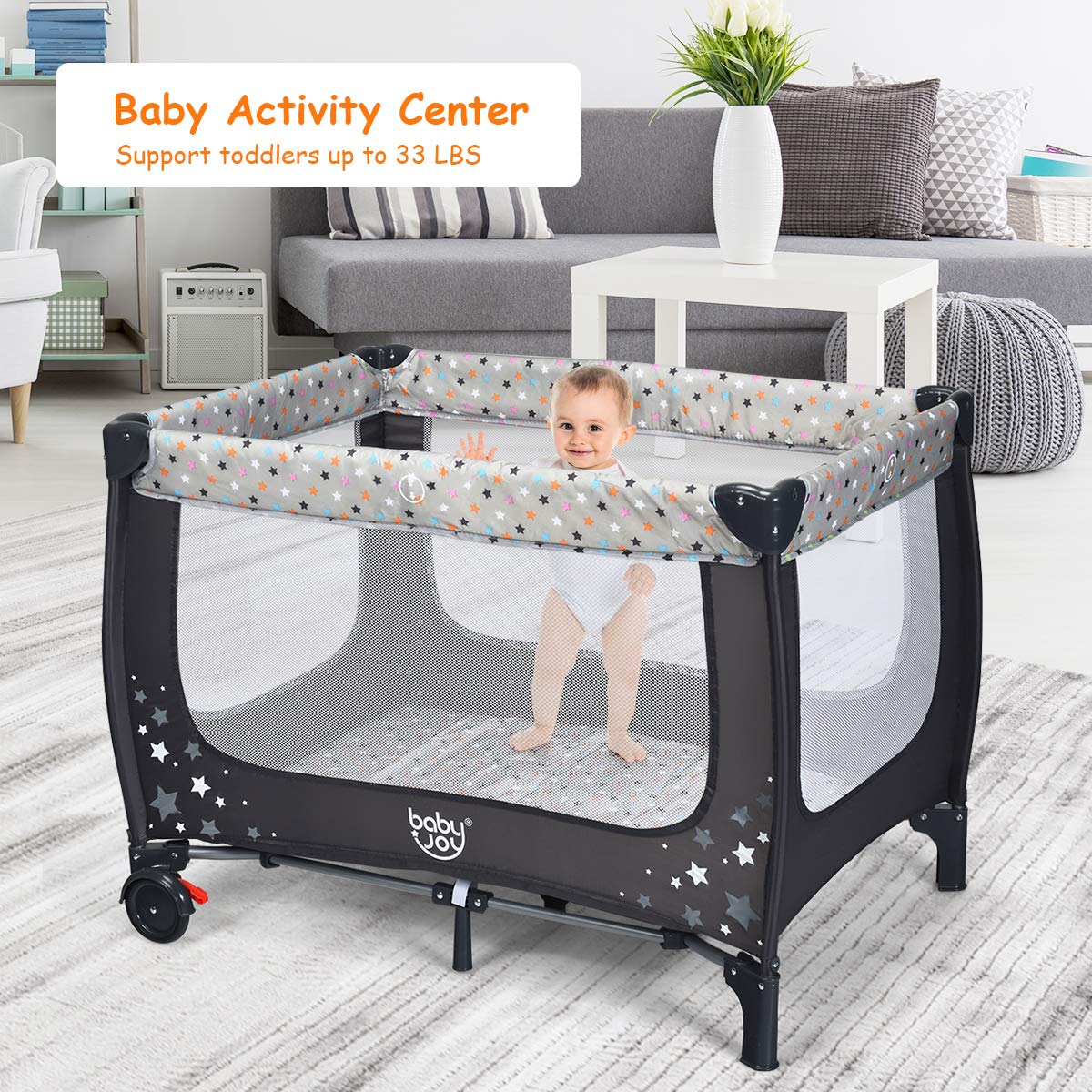 HONEY JOY Pack and Play, Foldable Baby Playard with Bassinet, Lightweight Installation-Free Travel Baby Crib from Newborn to Toddlers, Portable Nursery Center w/Lockable Wheels & Carry Bag(Gray)