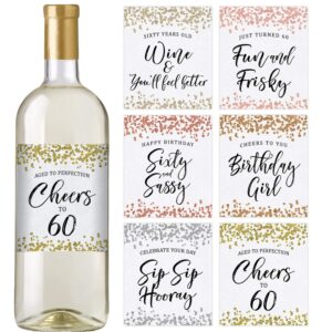 printed party 60th birthday wine bottle labels, confetti, set of 6
