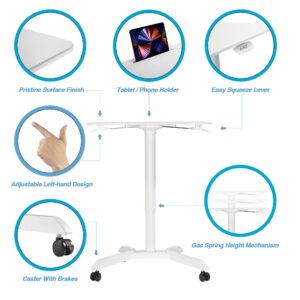 AVLT 44" Ambidextrous Pneumatic Laptop Standing Desk Cart (3 ft 8 in) - Mobile Rolling Desk - Computer Projector Cart - Rolling Height Adjustable Folding Desk - Mobile White Cart with Brake